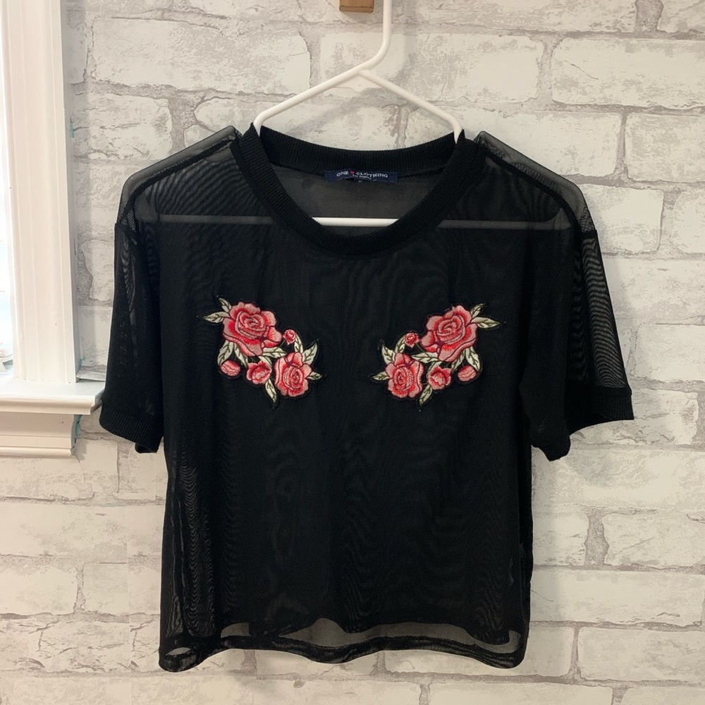 Sheer black top with flowers on chest. 🖤💕